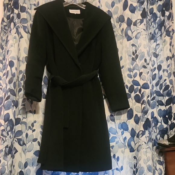 ❄️ Calvin Klein Elegant Deep Dark Green Pea Coat with Belt Size 6 EUC - Picture 1 of 7